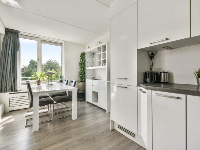 The kitchen and the dining room of a modern apartment