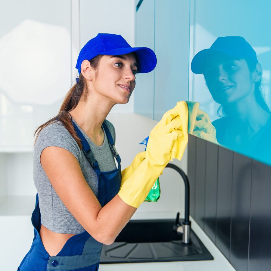 Cute young woman in workwear and protective rubber yellow gloves cleaning the furniture in modern hi-tech kitchen. Cleaning services.